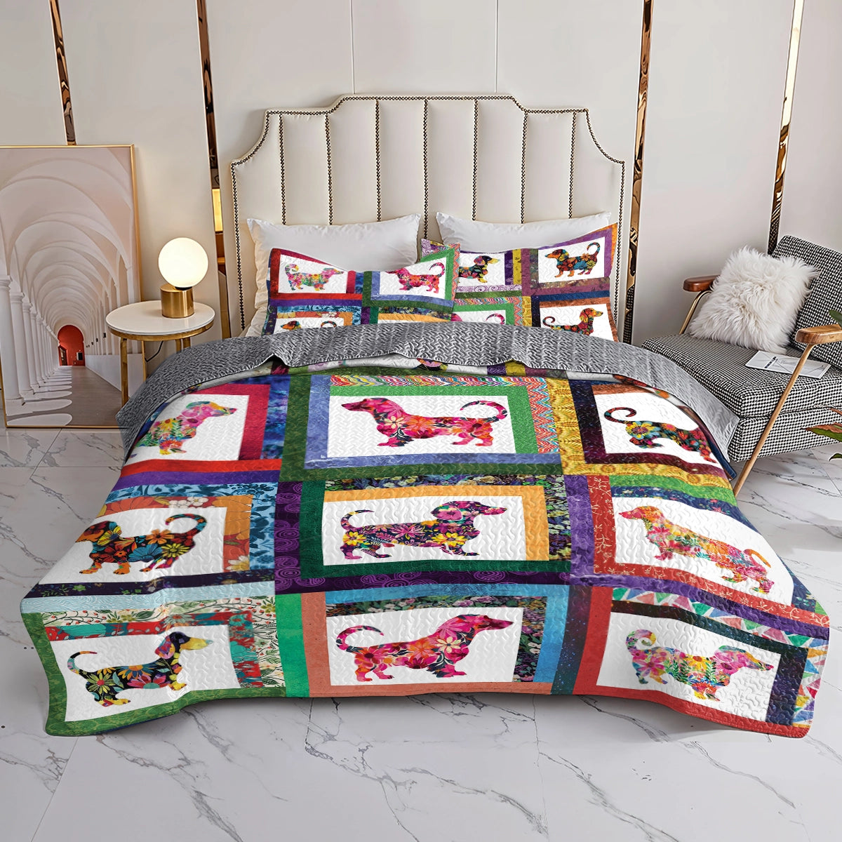 Shineful All Season Quilt 3-Piece Set Colorful Dachshund Delight