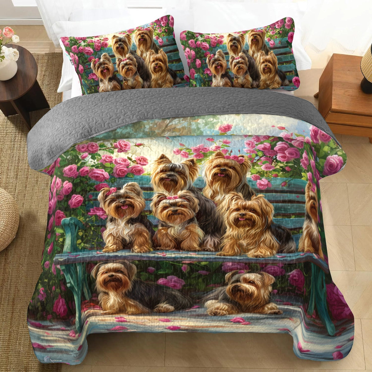 Ensemble de courtepointe toutes saisons Shineful 3 pièces Lovely Rose Yorkie