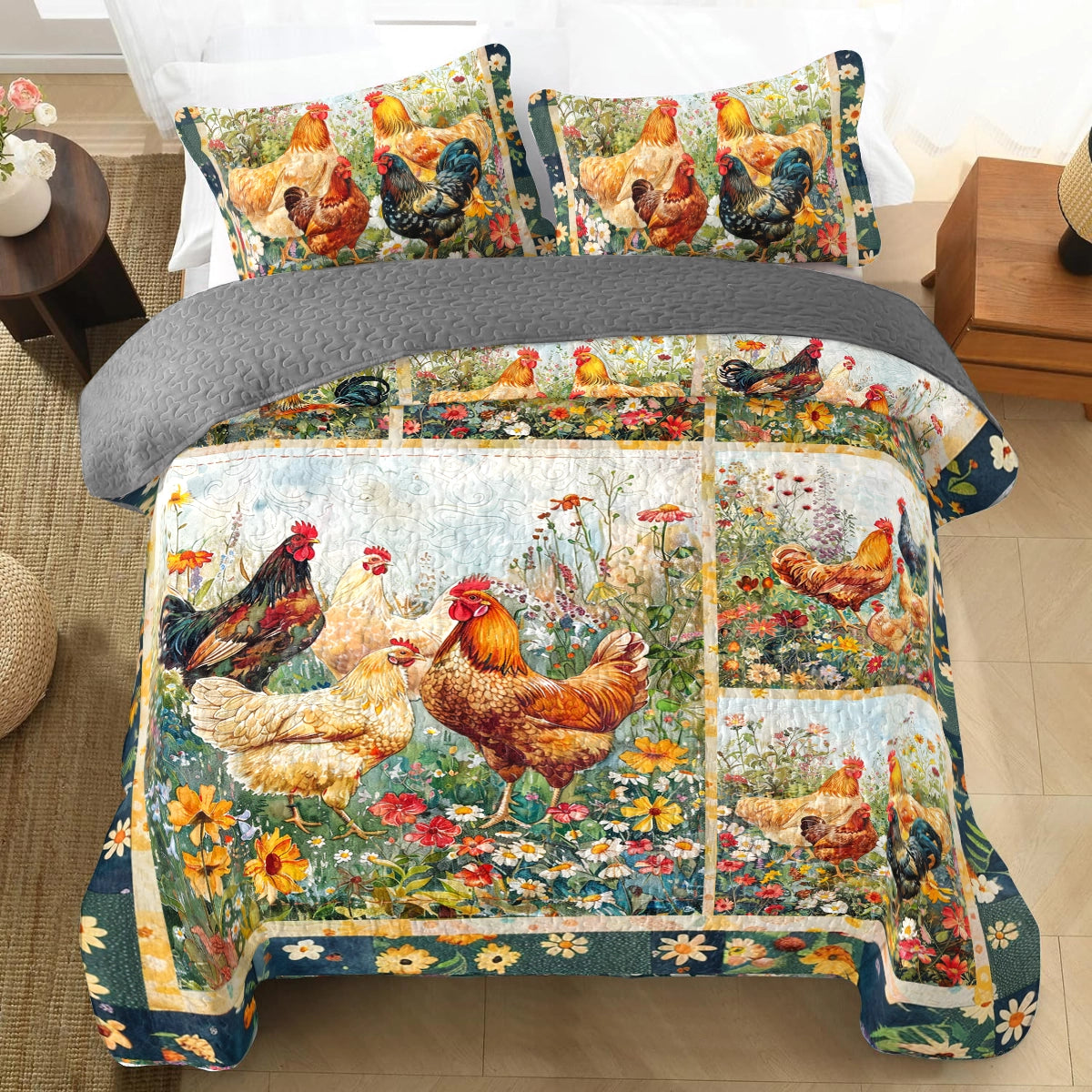 Shineful All Season Quilt 3-Piece Set Chicken Country Rooster Paradise