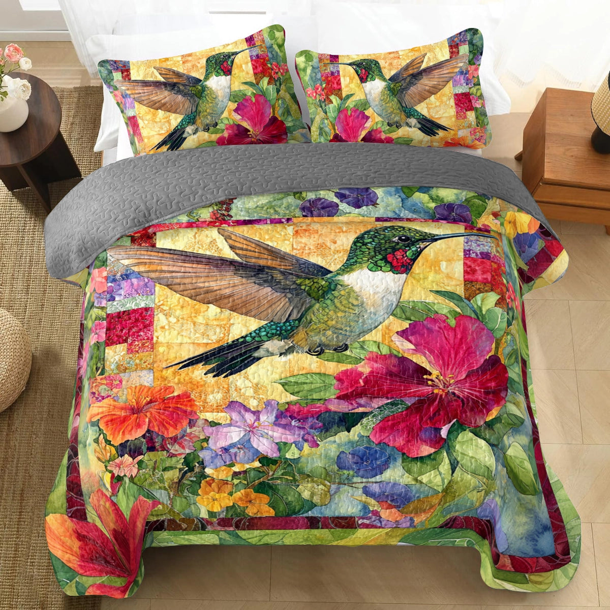 Shineful All Season Quilt 3-Piece Set Garden Glow Hummingbird