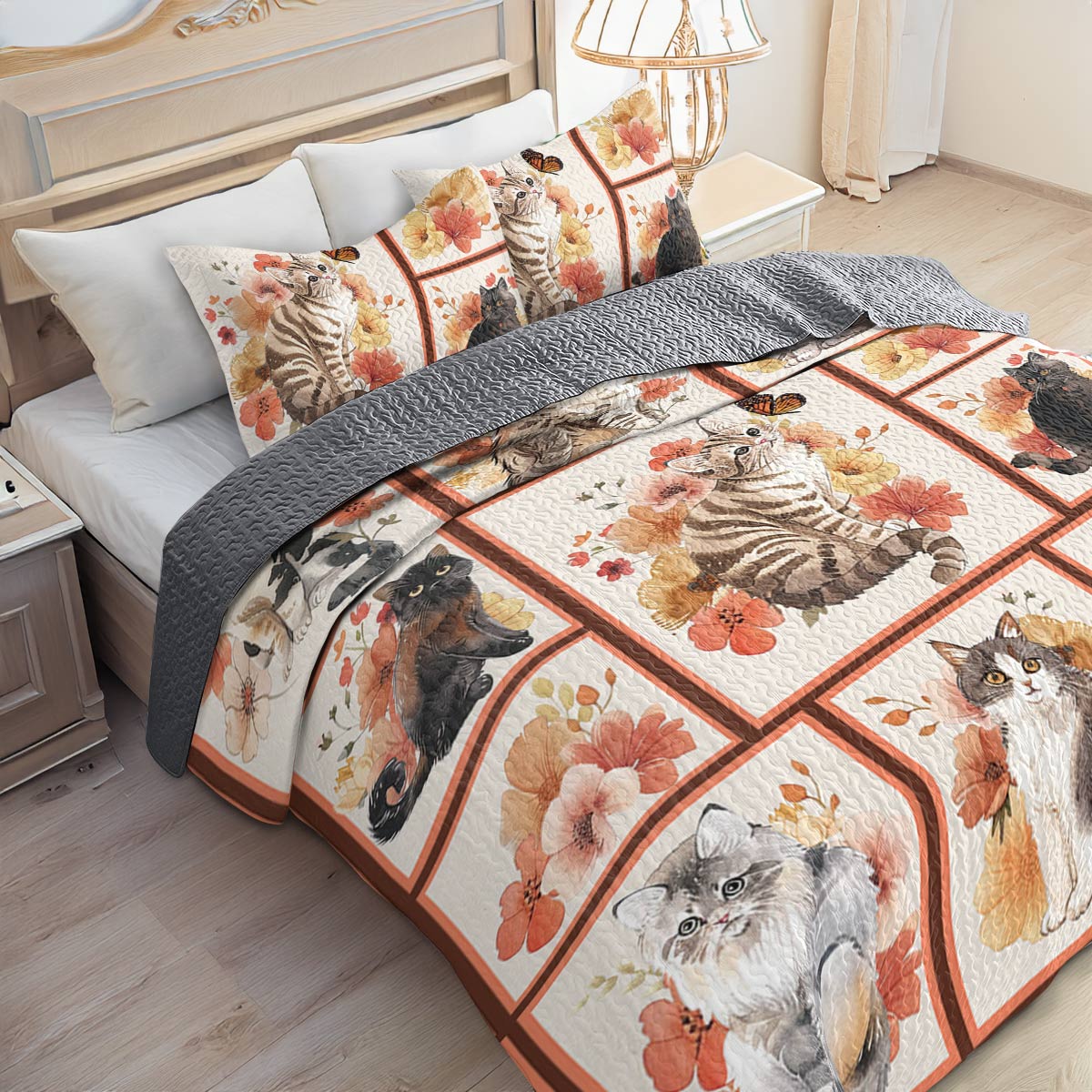 Shineful All Season Quilt 3-Piece Set Cat And Flower