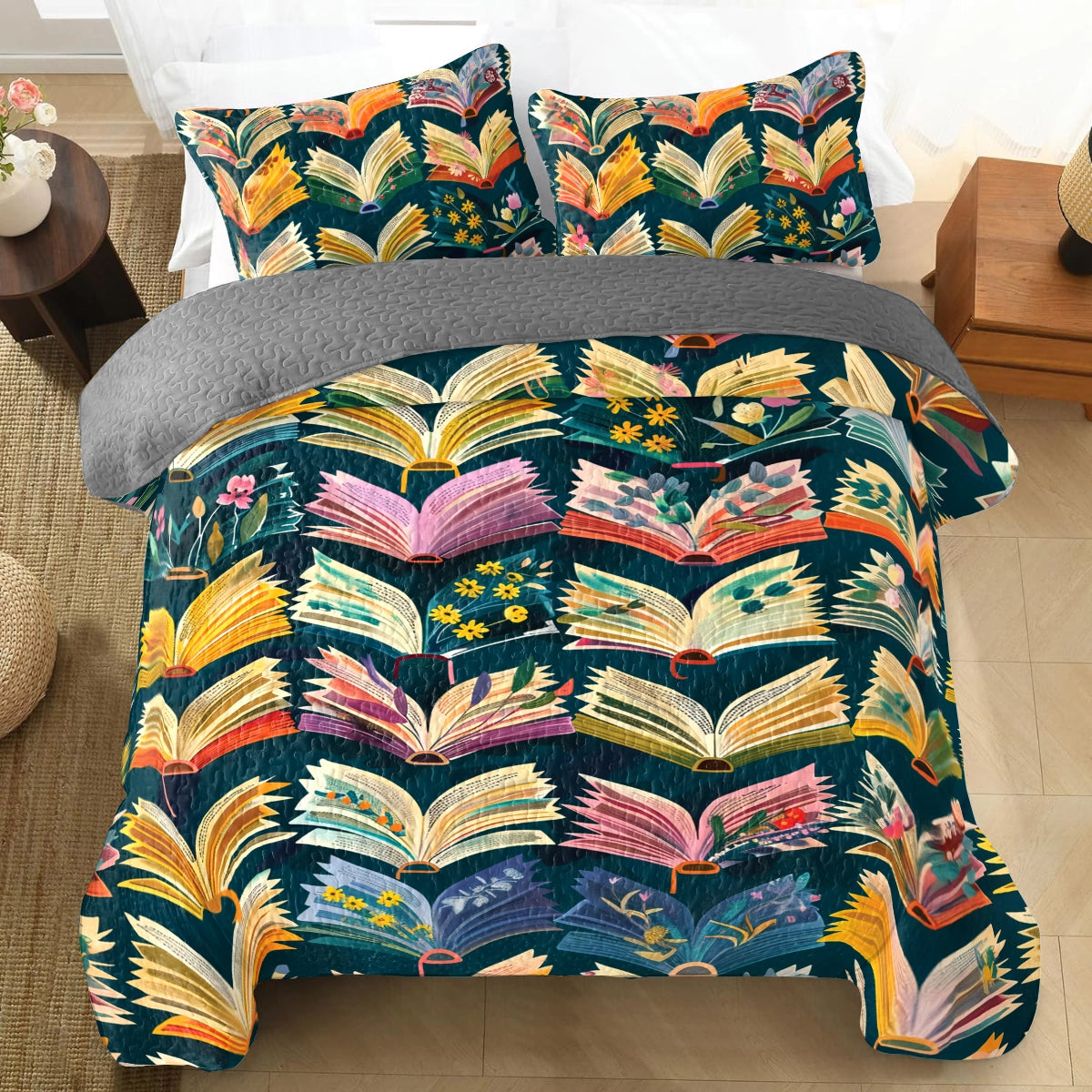 Shineful All Season Quilt 3-Piece Set Reading Garden of Books