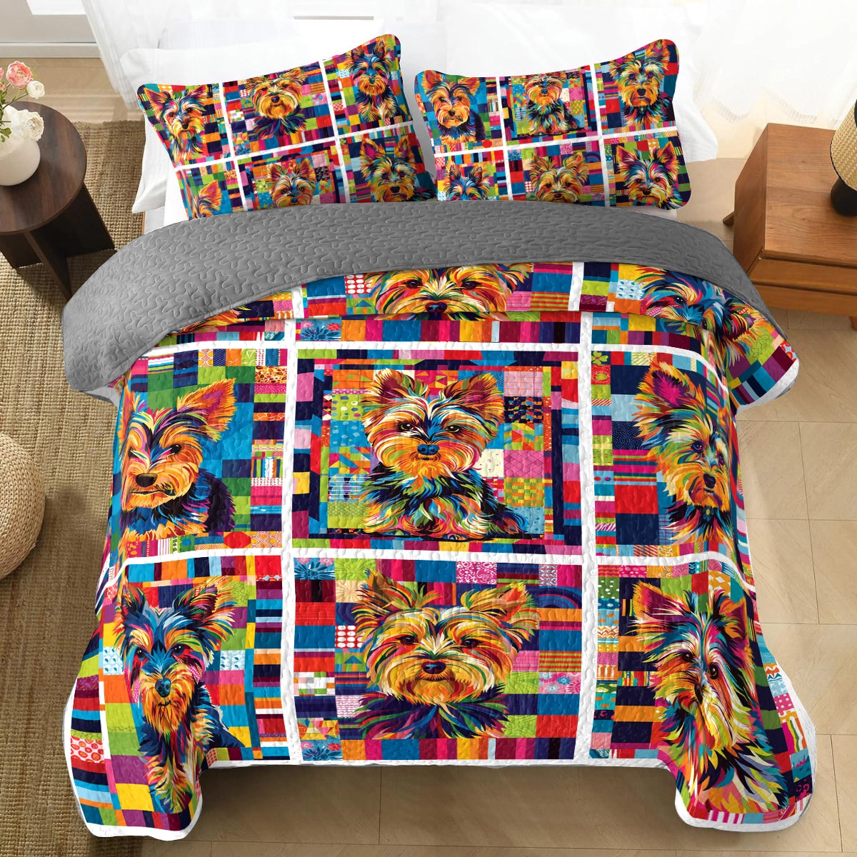 Shineful All Season Quilt 3-Piece Set Colorful Yorkie Delight