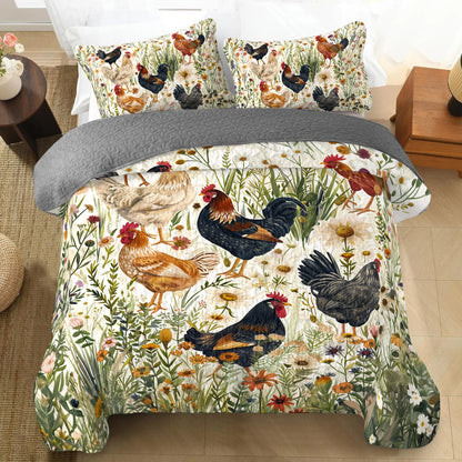 Shineful All Season Quilt 3-Piece Set Floral Rustic Chicken Meadow