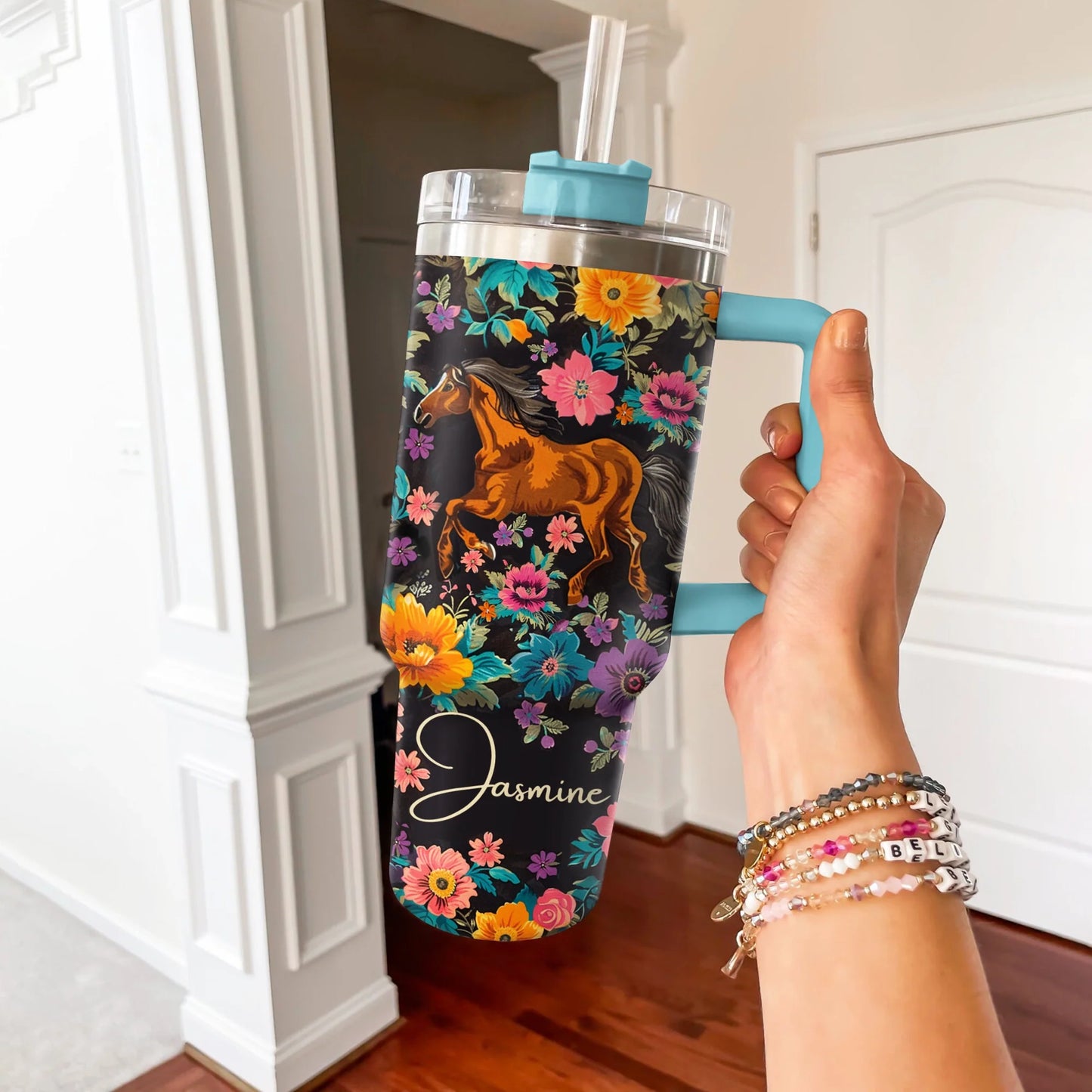 Shiny Tumbler Personalisiert Pferd Floral Reitsport