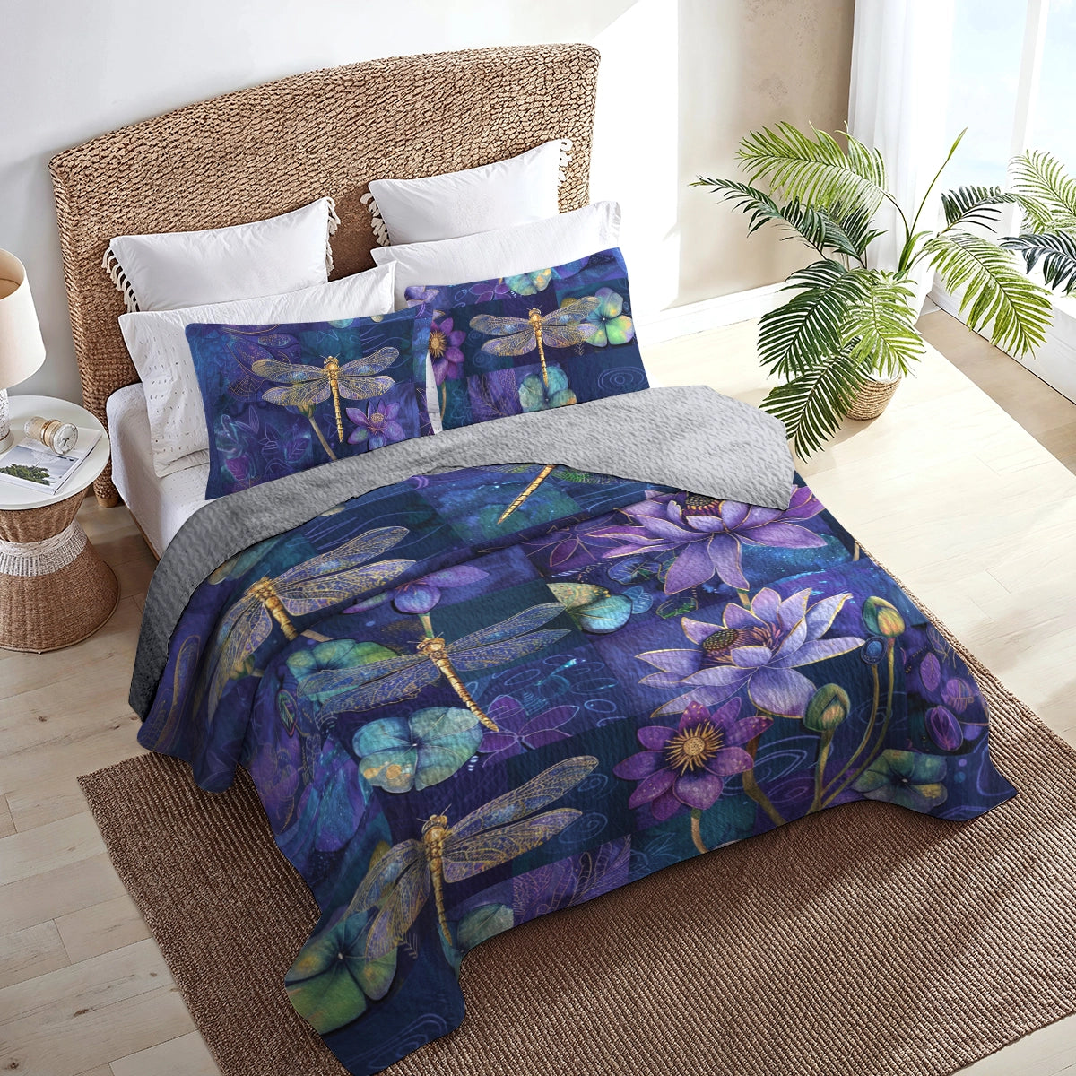 Shineful All Season Quilt 3-Piece Set Enchanted Dragonfly Lotus