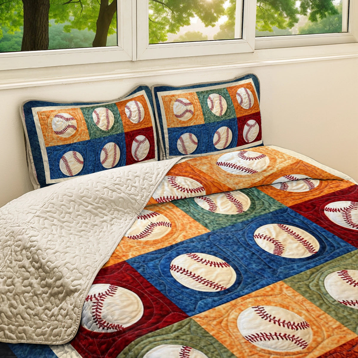 Shineful All Season Quilt 3-teiliges Set Baseball Vintage Ballpark Patchwork