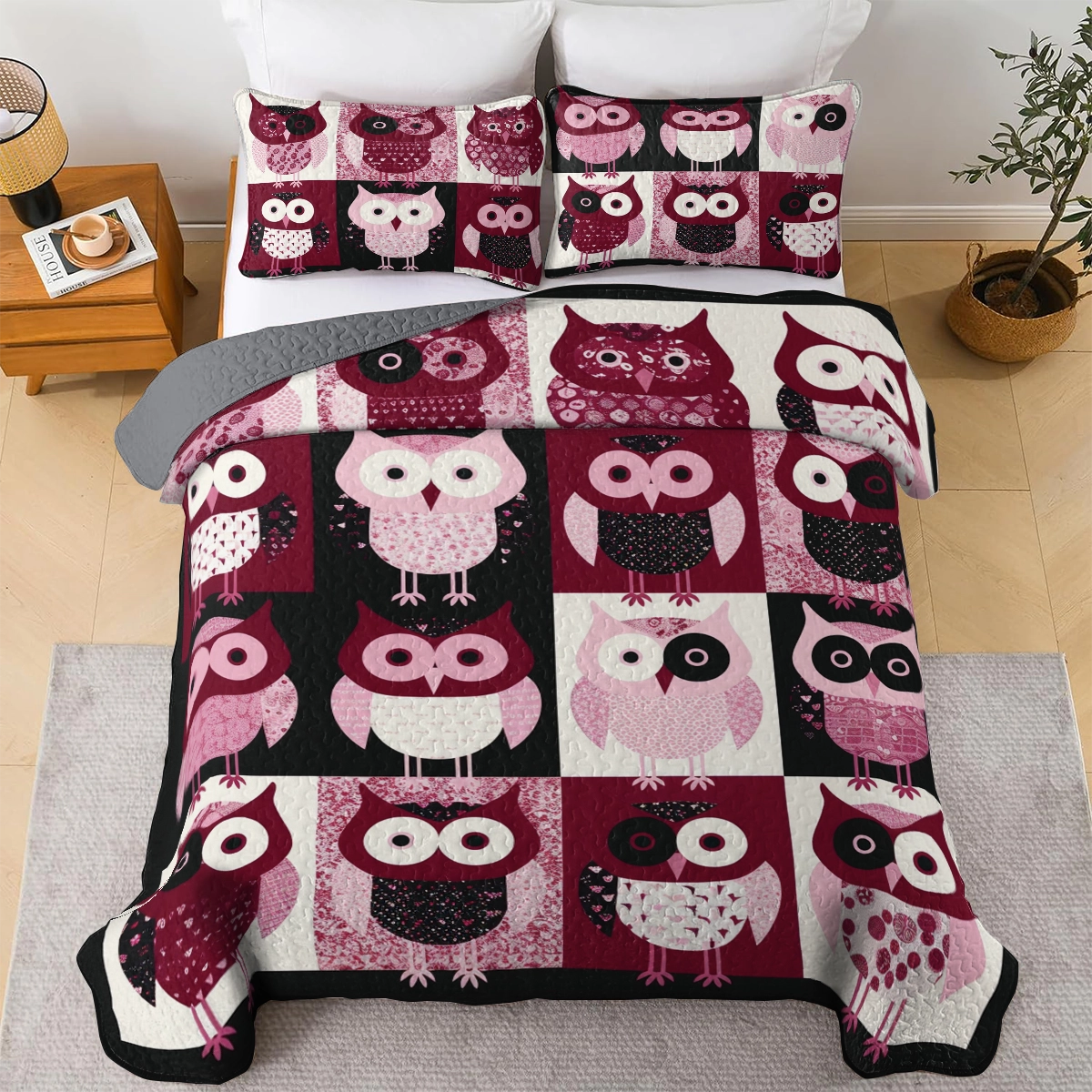 Shineful All Season Quilt 3-Piece Set Delightful Pink Owl