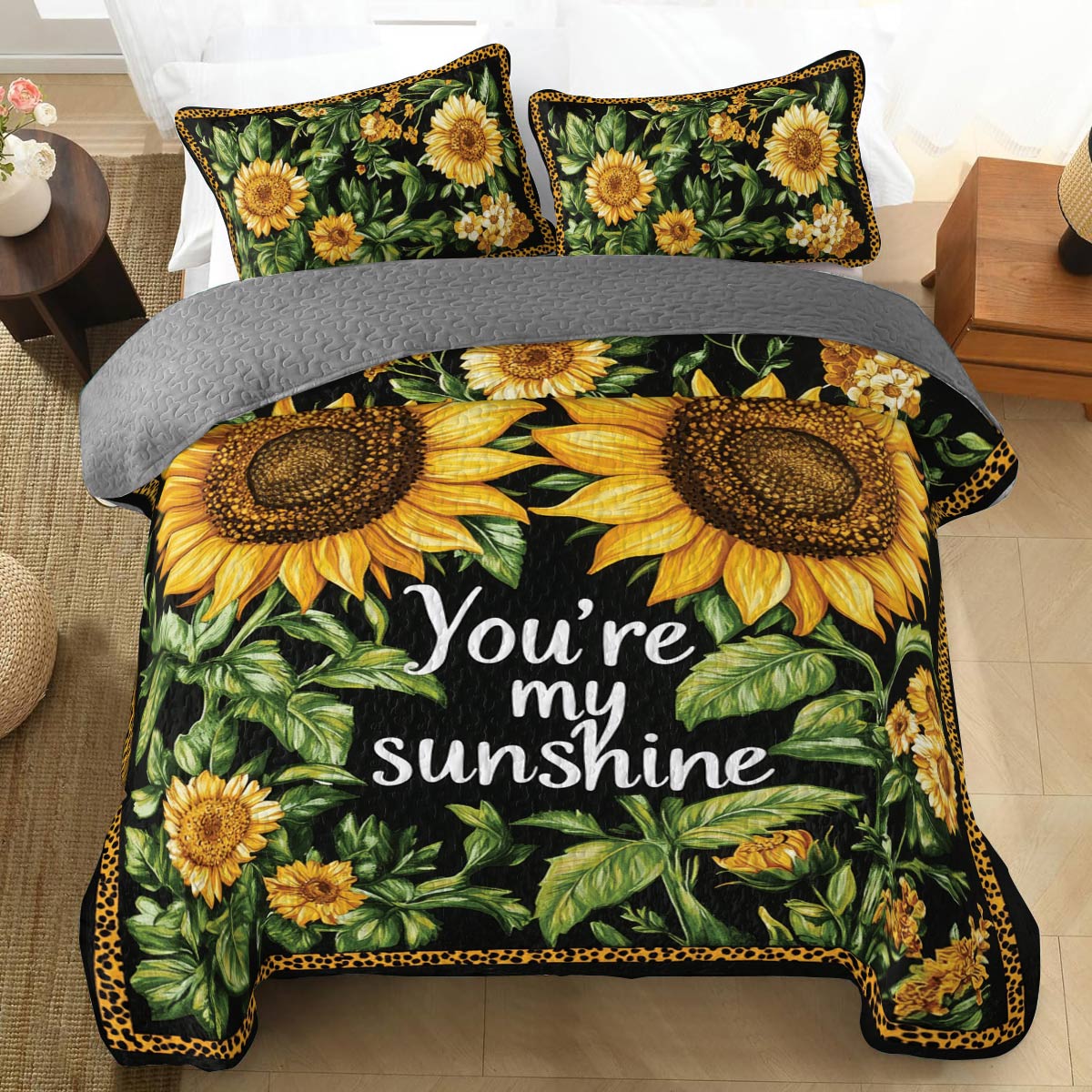 Shineful All Season Quilt 3-Piece Set Sunflower Quote