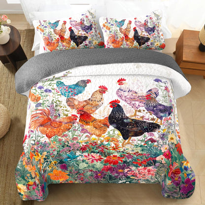 Shineful All Season Quilt 3-Piece Set Chicken Rooster Garden Bliss