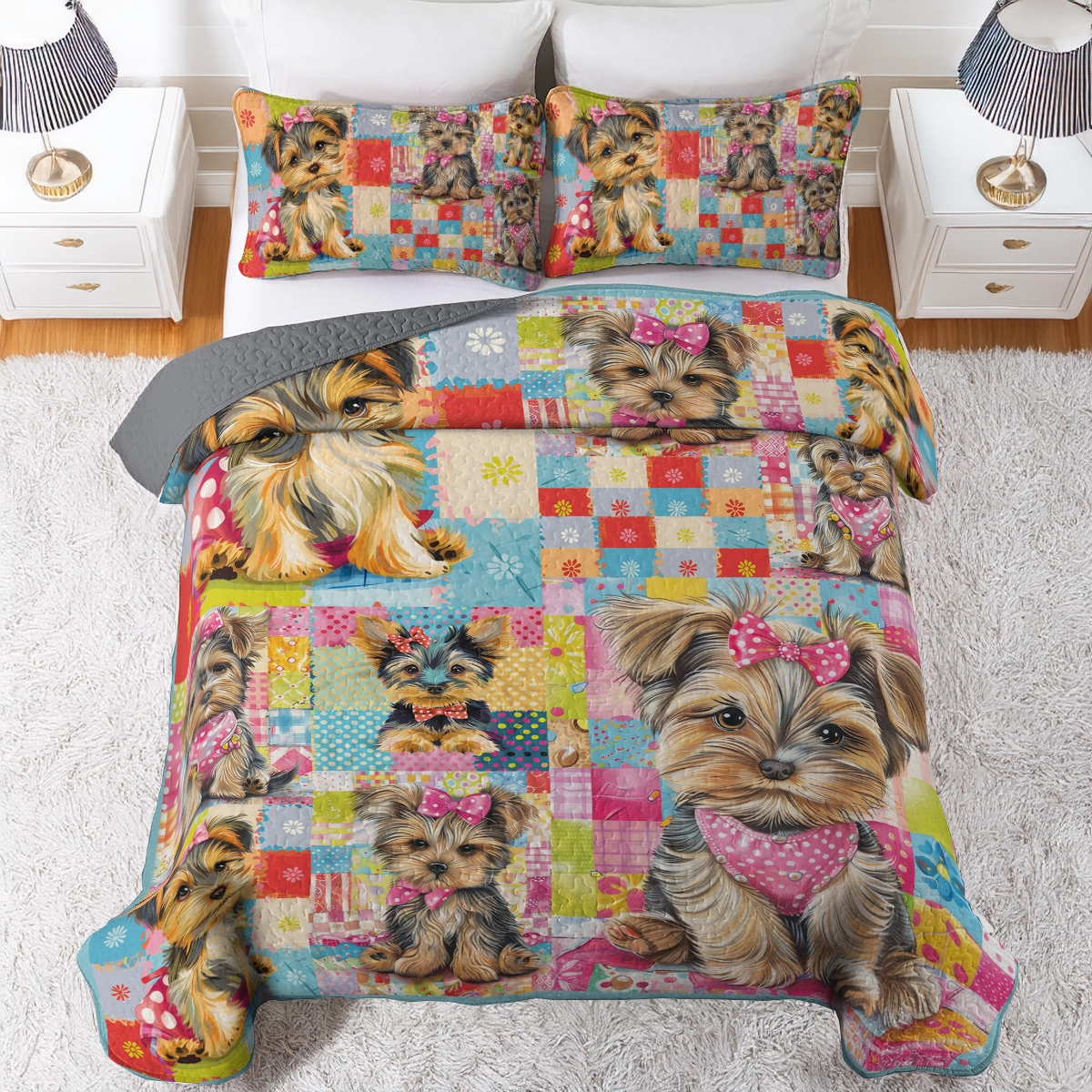 Shineful All Season Quilt 3-Piece Set Adorable Yorkie Patchwork