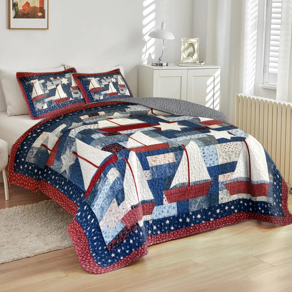 Shineful All Season Quilt 3-Piece Set Sailing Patriotic Sailboats