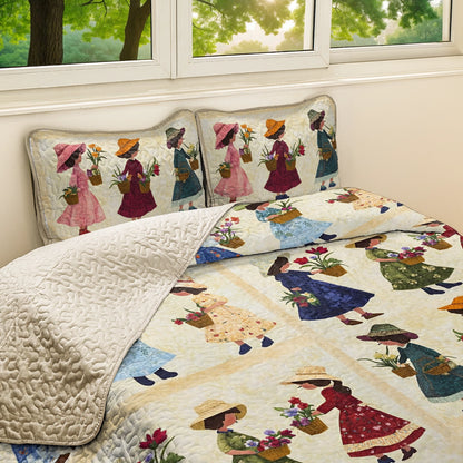 Shineful All Season Quilt 3-Piece Set Sunbonnet Sue Blooming Dreams