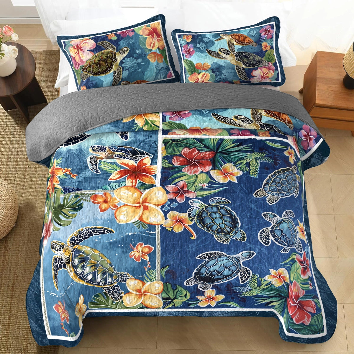 Shineful All Season Quilt 3-Piece Set Hibiscus Gentle Sea Turtle