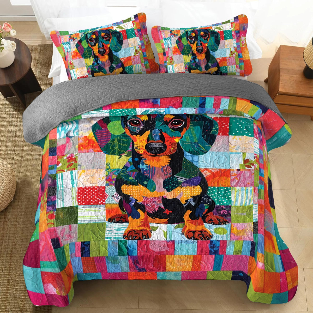 Shineful All Season Quilt 3-Piece Set Patchwork Dachshund Delight