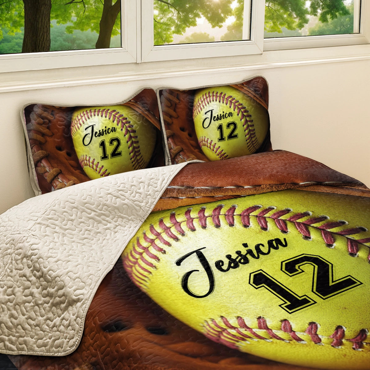 Shineful All Season Quilt 3-Piece Set Personalized Softball Star