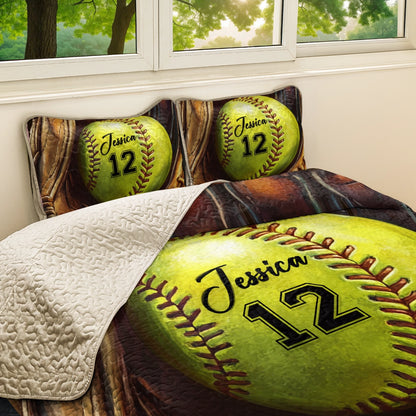 Shineful All Season Quilt 3-Piece Set Personalized Softball Dreams