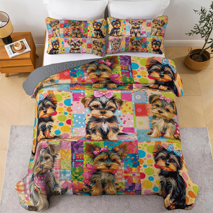 Shineful All Season Quilt 3-Piece Set Cute Yorkie Patchwork