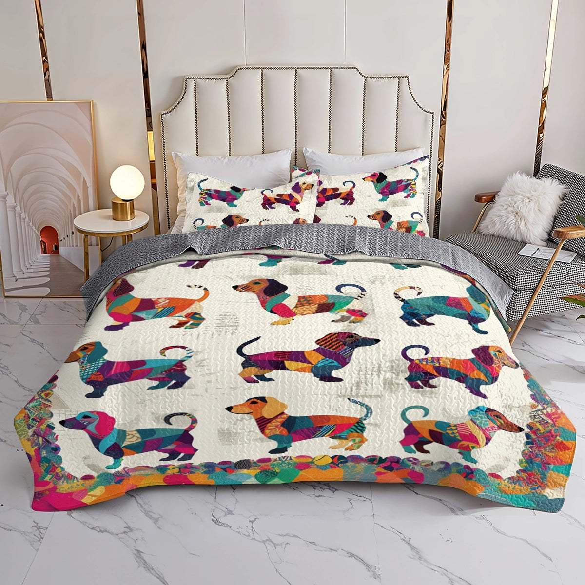 Ensemble de courtepointe toutes saisons Shineful 3 pièces Patchwork Dachshund Dreams