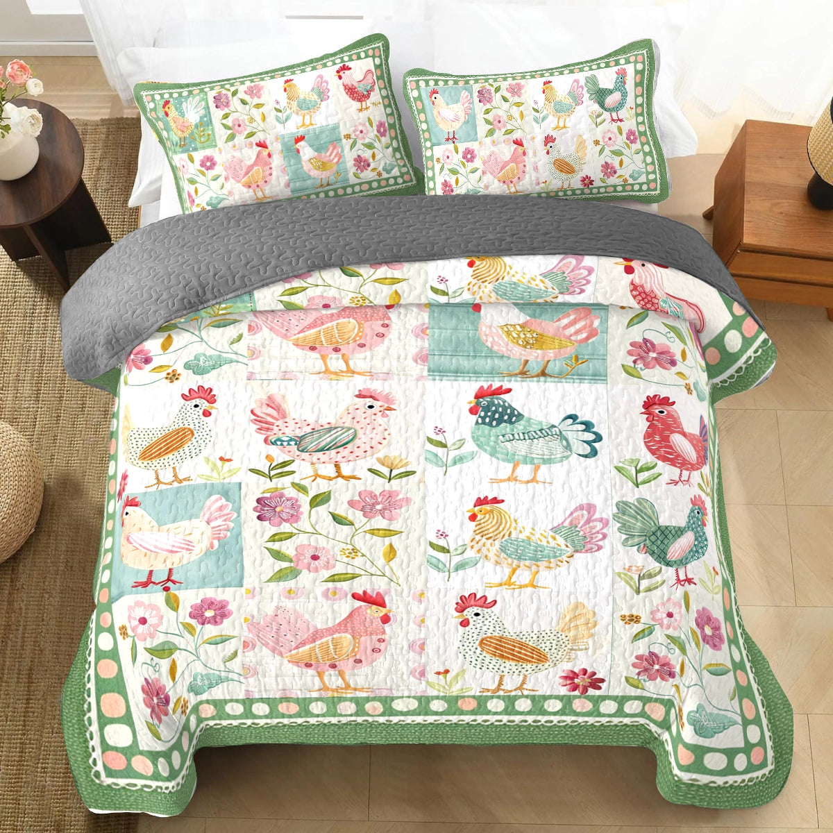 Shineful All Season Quilt 3-teiliges Set Chicken Springtime Hens