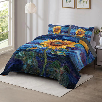 Shineful All Season Quilt 3-Piece Set Beautiful Starry Sunflower Night