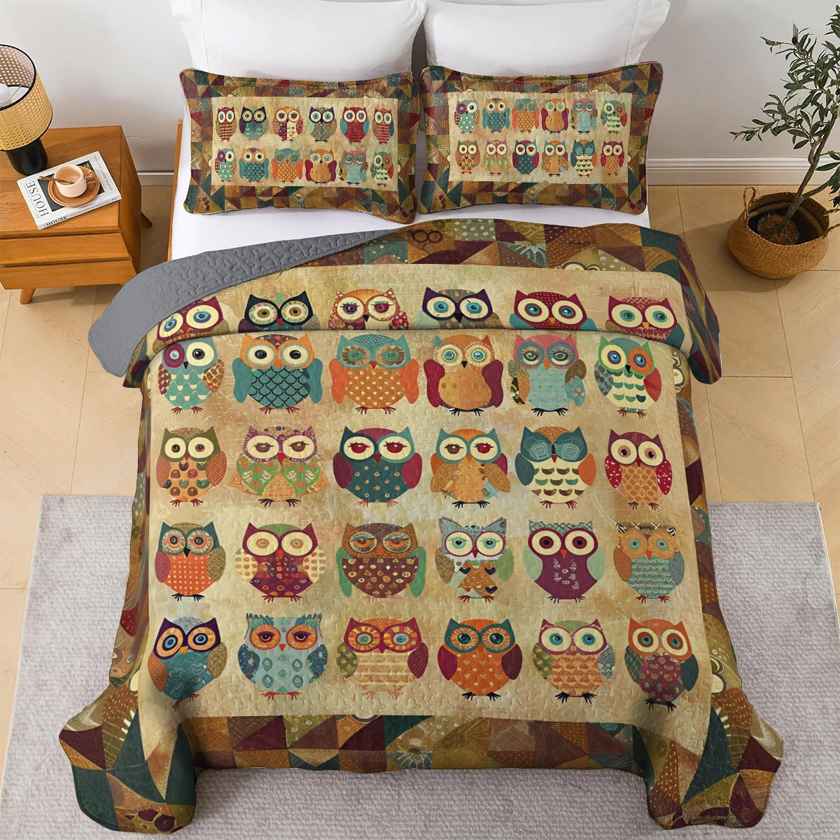 Shineful All Season Quilt 3-Piece Set Cute Owl Nest