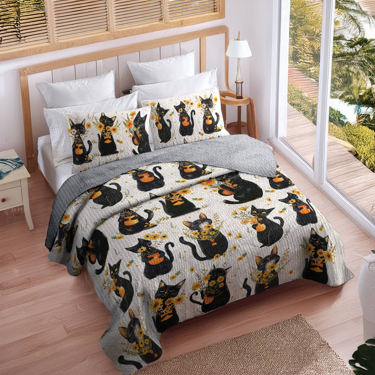 Shineful All Season Quilt 3-Piece Set Cat And Yellow Flower