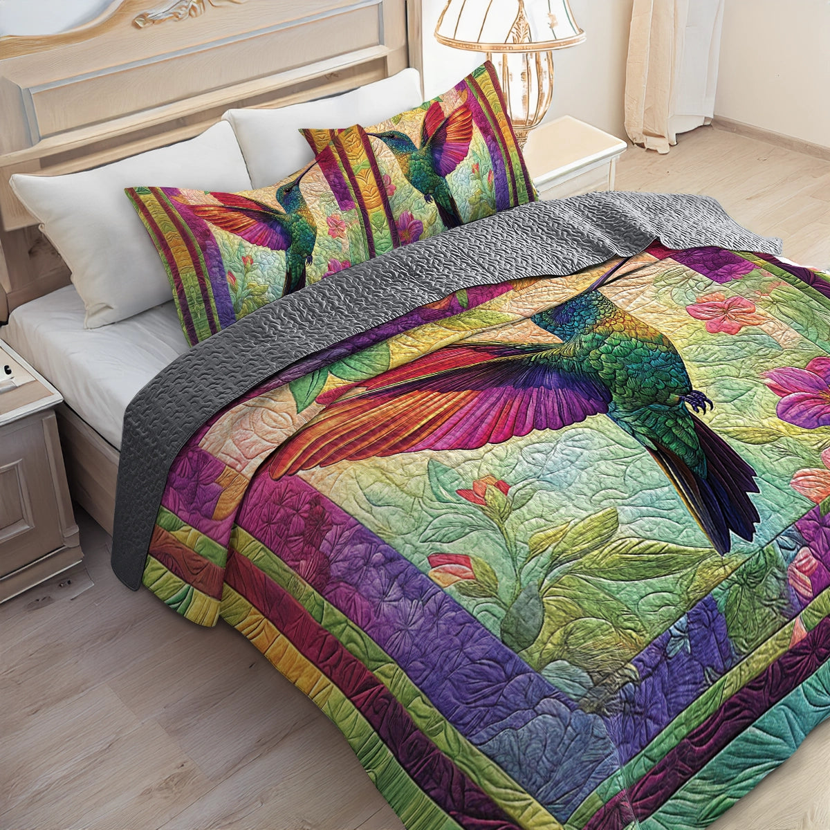 Shineful All Season Flat Print Quilt 3-Piece Set - Vibrant Mystic Hummingbird