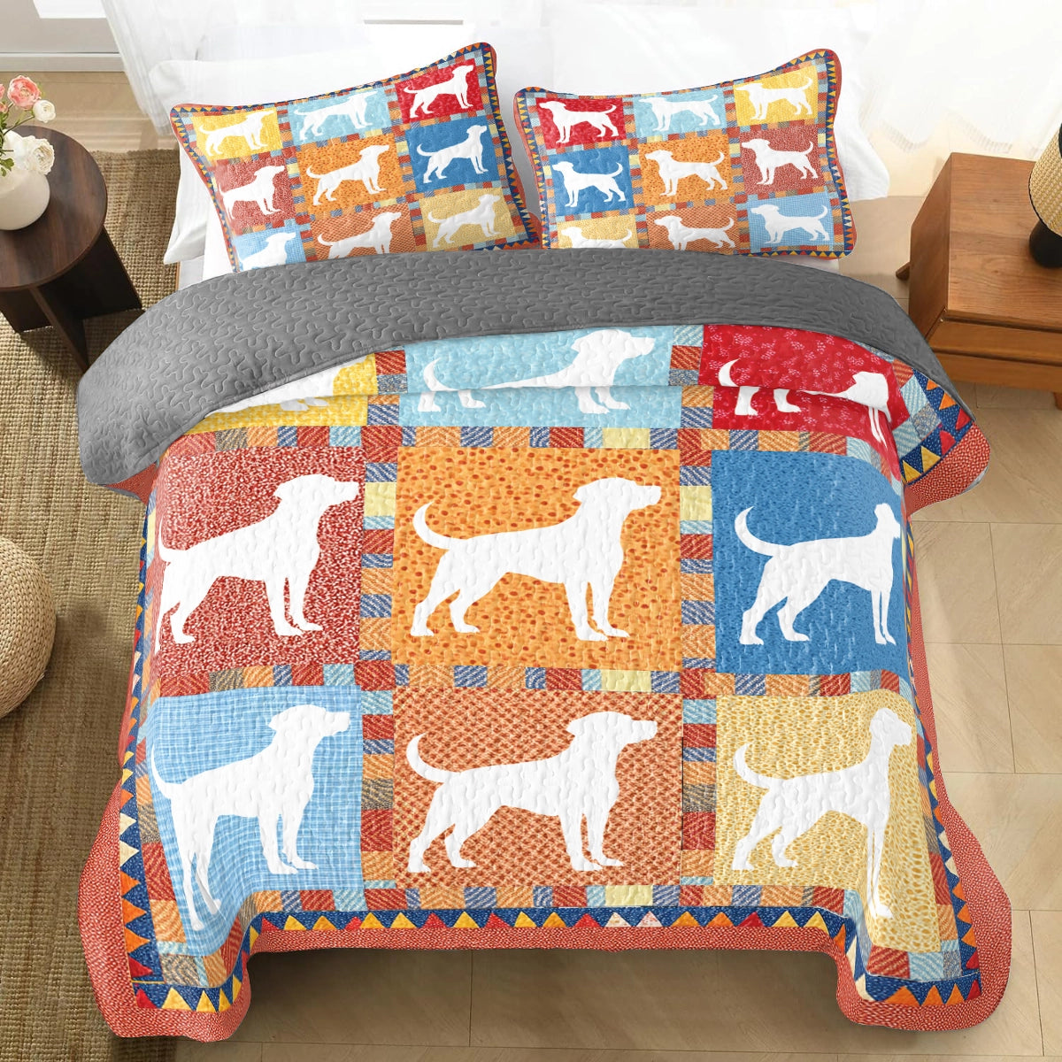 Shineful All Season Quilt 3-Piece Set - Colorful Labrador Patchworks