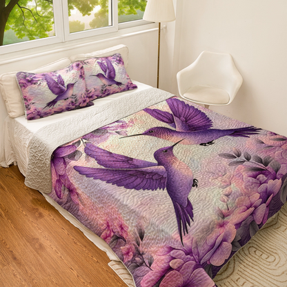 Shineful All Season Quilt 3-Piece Set - Purple Bliss Hummingbird