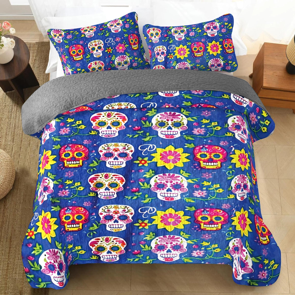 Shineful All Season Quilt 3-Piece Set Festive Sugar Skull