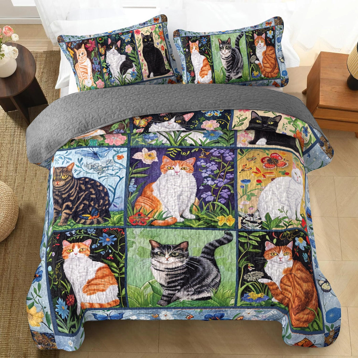 Shineful All Season Quilt 3-teiliges Set Cat Floral Felines