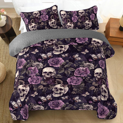 Shineful All Season Quilt 3-Piece Set Midnight Skulls and Roses