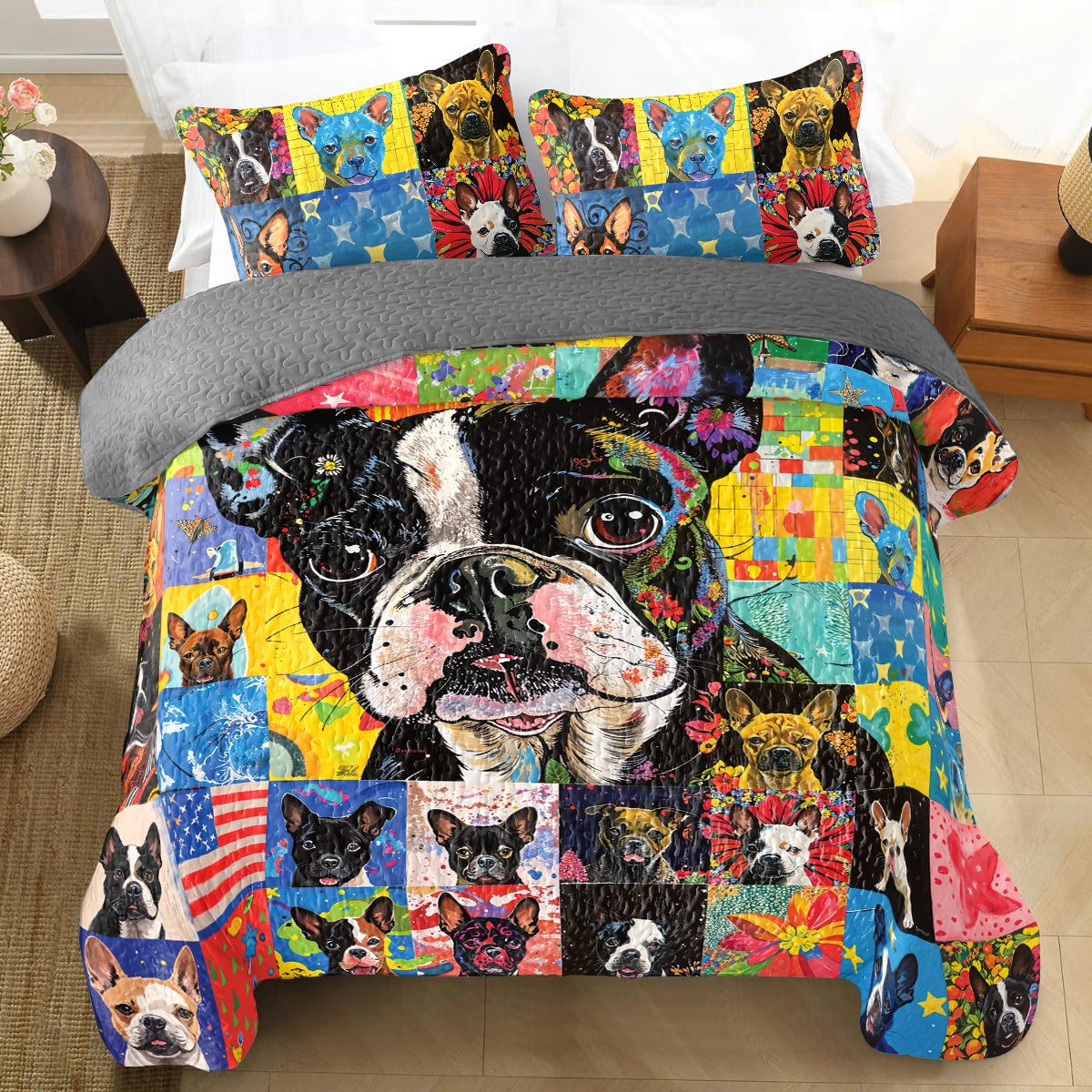 Shineful All Season Quilt 3-Piece Set Boston Terriers Patchwork