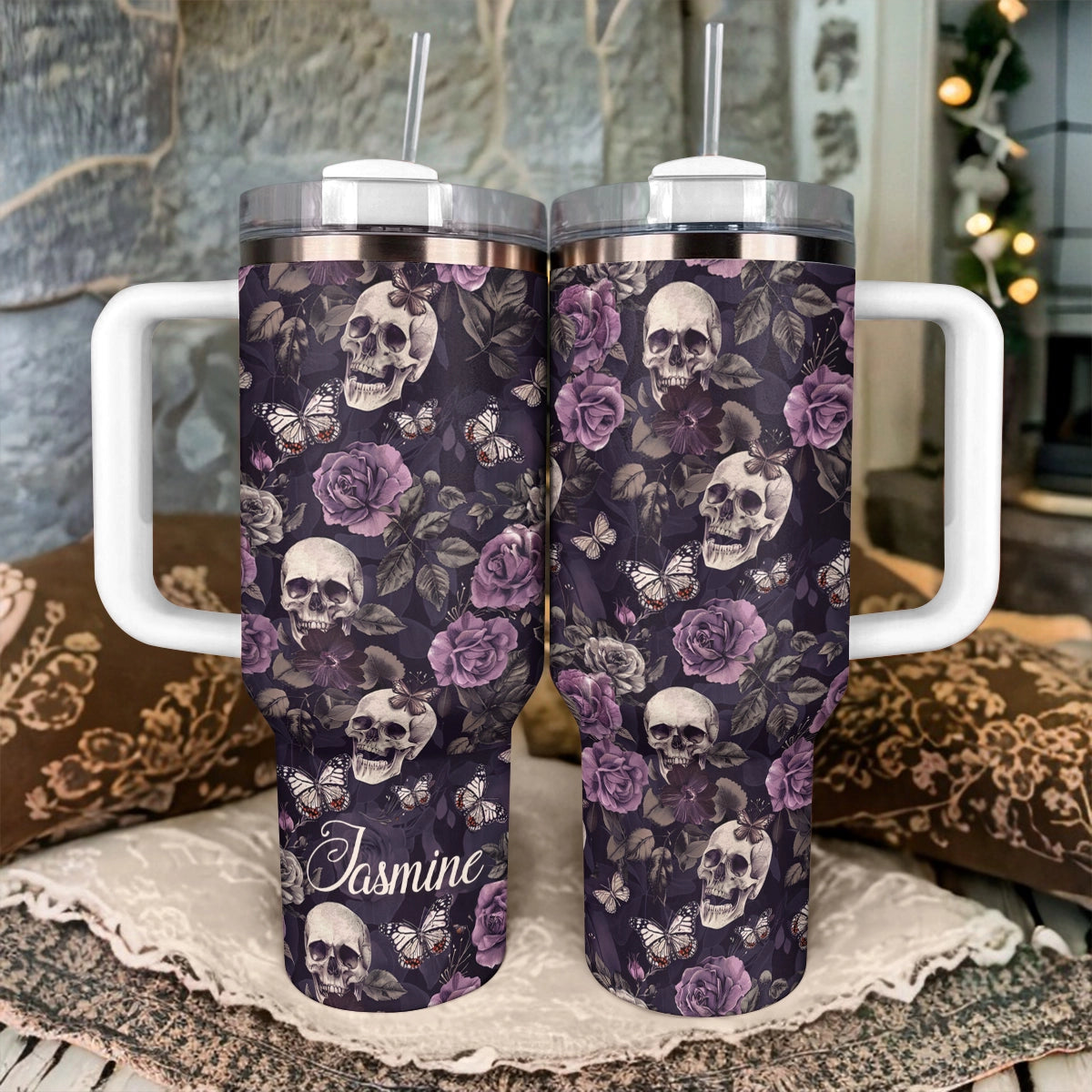 Shineful Tumbler Personalized Midnight Blossoms Skull