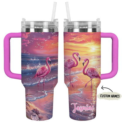 Shineful Tumbler Personalized Flamingo In Sunset