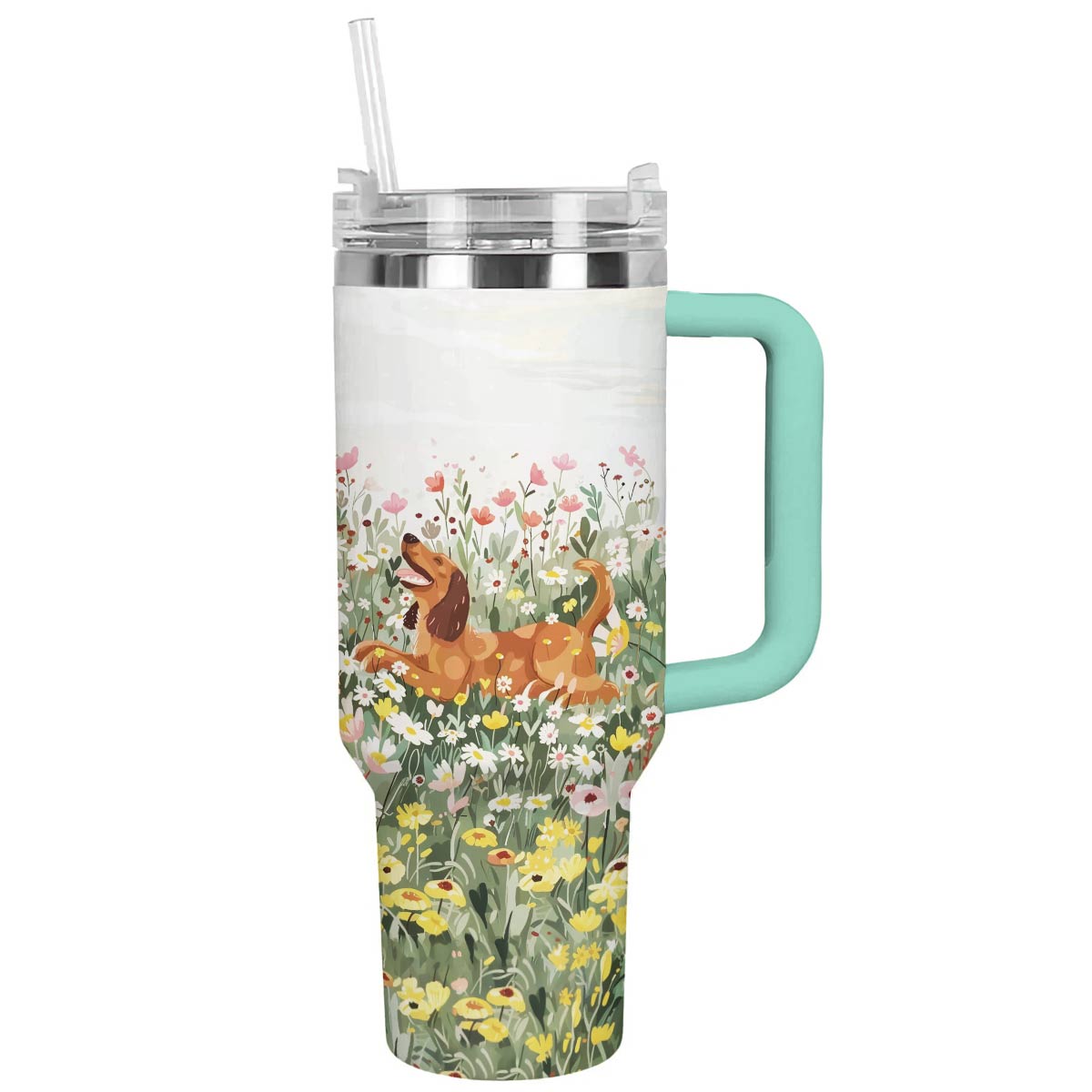 40 Oz Golden Retriever Shineful™ Tumbler In Garden Flower Nl09 Turquoise Blue 40Oz