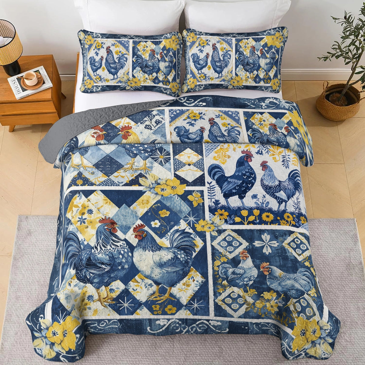 Shineful All Season Quilt 3-Piece Set Blue Rooster