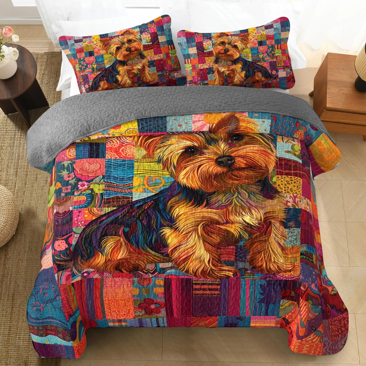 Shineful All Season Quilt 3-Piece Set Yorkie Patchwork