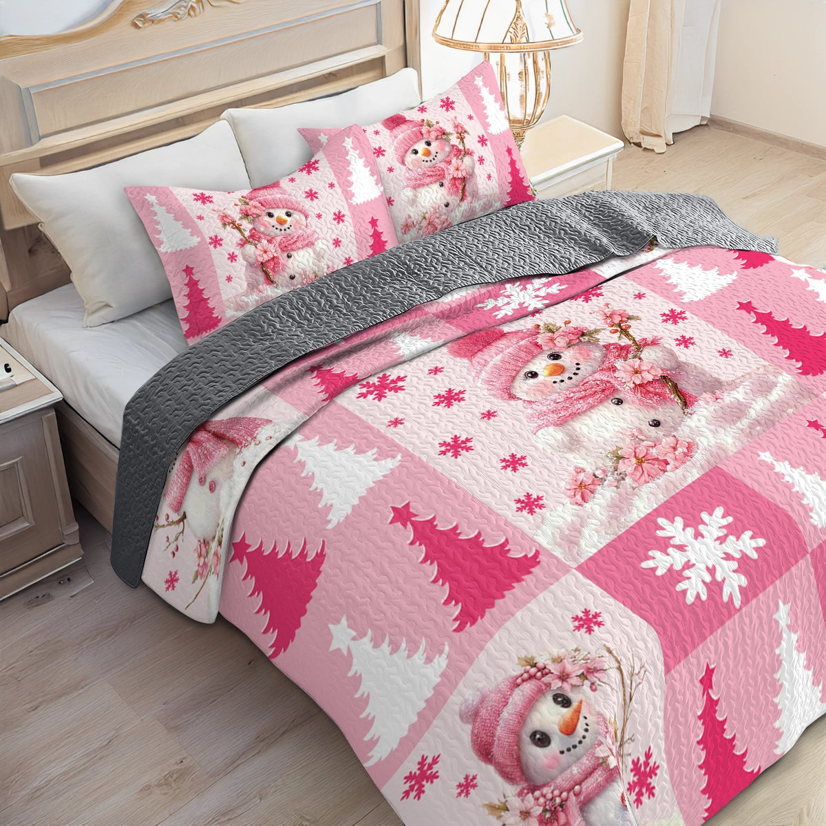 Shineful All Season Quilt 3-Piece Set - Christmas Pink Snowman