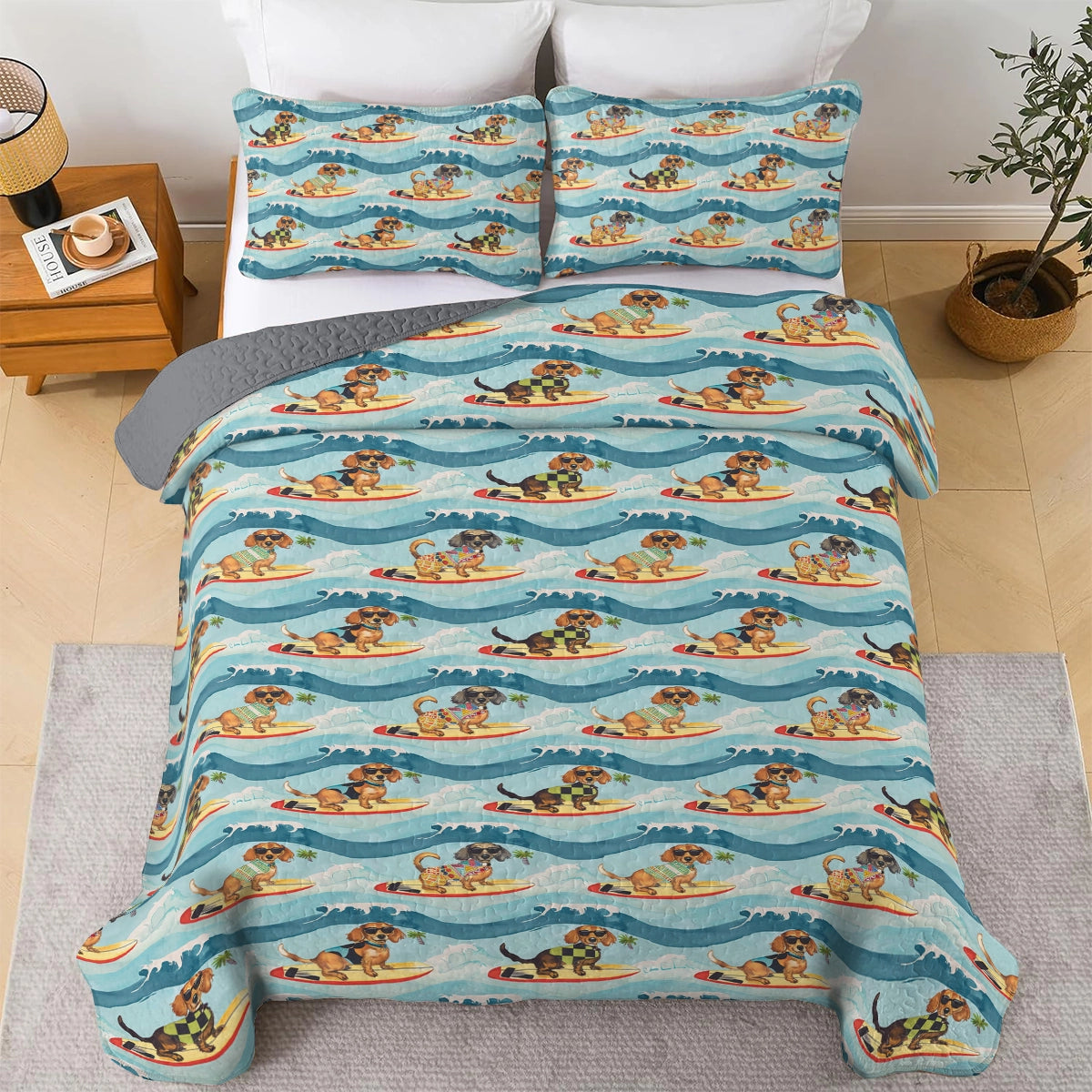 Shineful All Season Quilt 3-Piece Set Dachshund Surfing