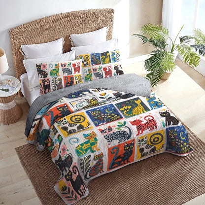 Shineful All Season Quilt 3-Piece Set Whimsical Cat Wonderland