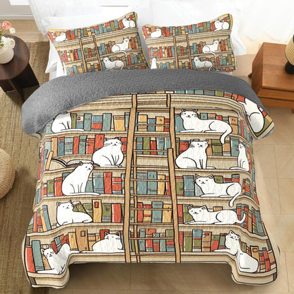 Shineful All Season Quilt 3-Piece Set Cozy Library Cats