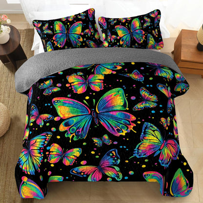 Shineful All Season Quilt 3-Piece Set - Neon Butterfly Dreams