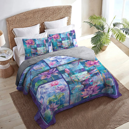 Shineful All Season Quilt 3-Piece Set Lotus Dragonfly Serenity