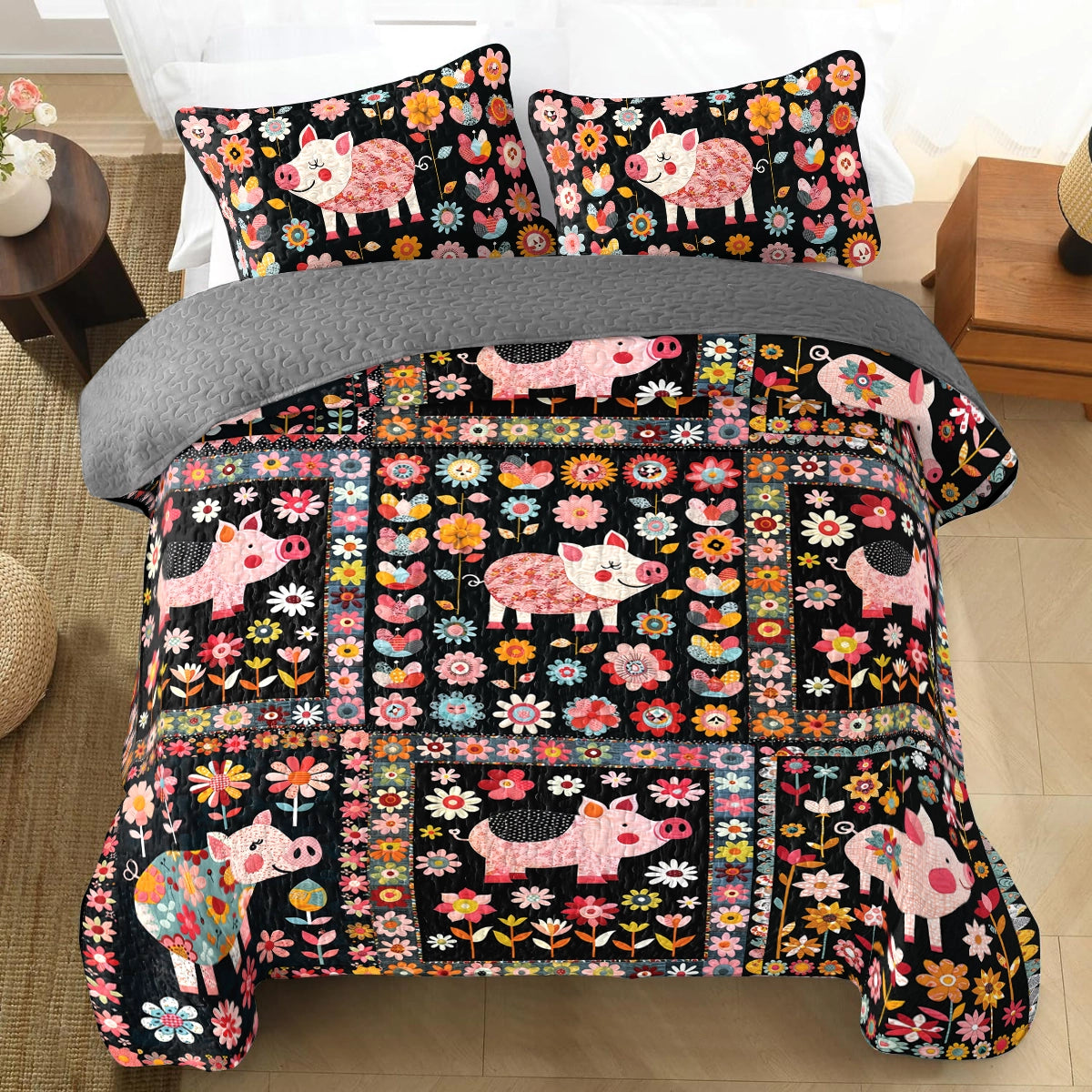 Shineful All Season Quilt 3-Piece Set Piggy Garden