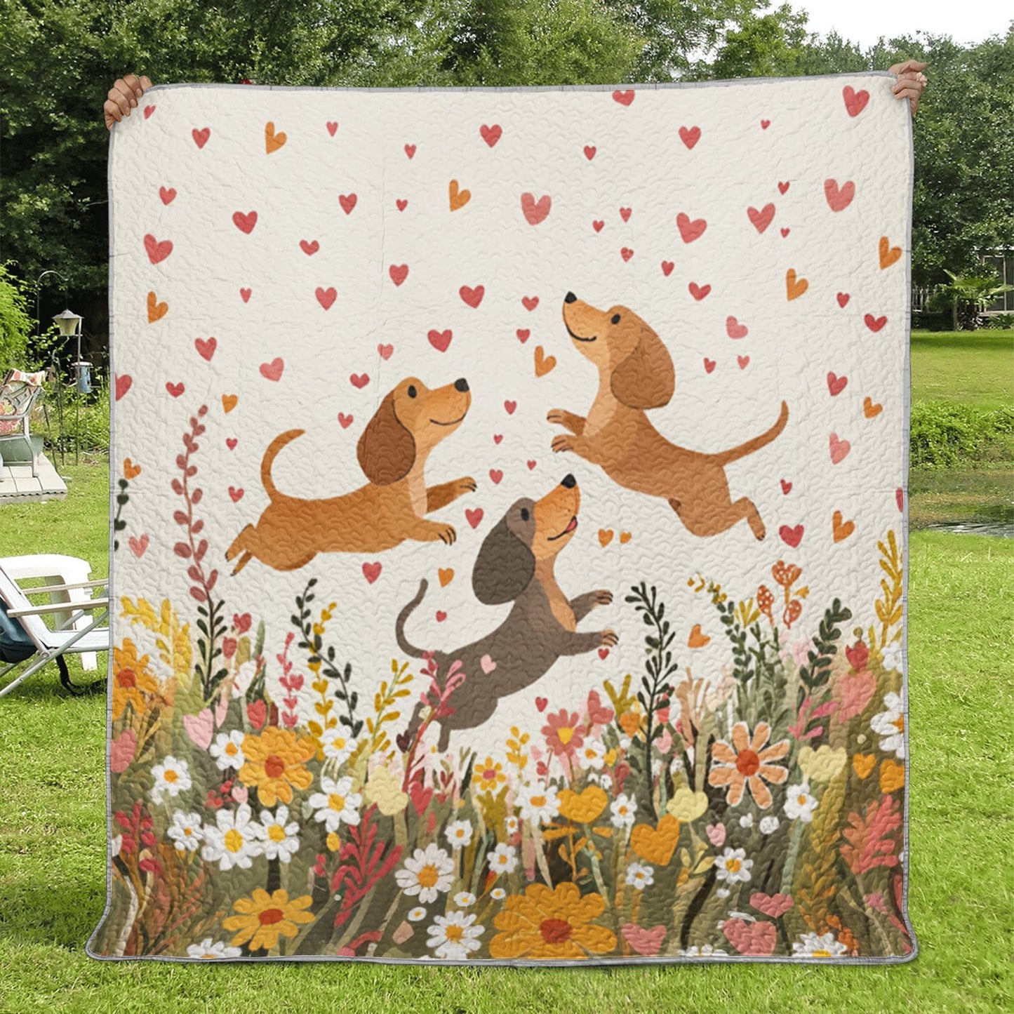 Shineful Flat Print Faux Quilt Blanket Floral Dachshund With Heart