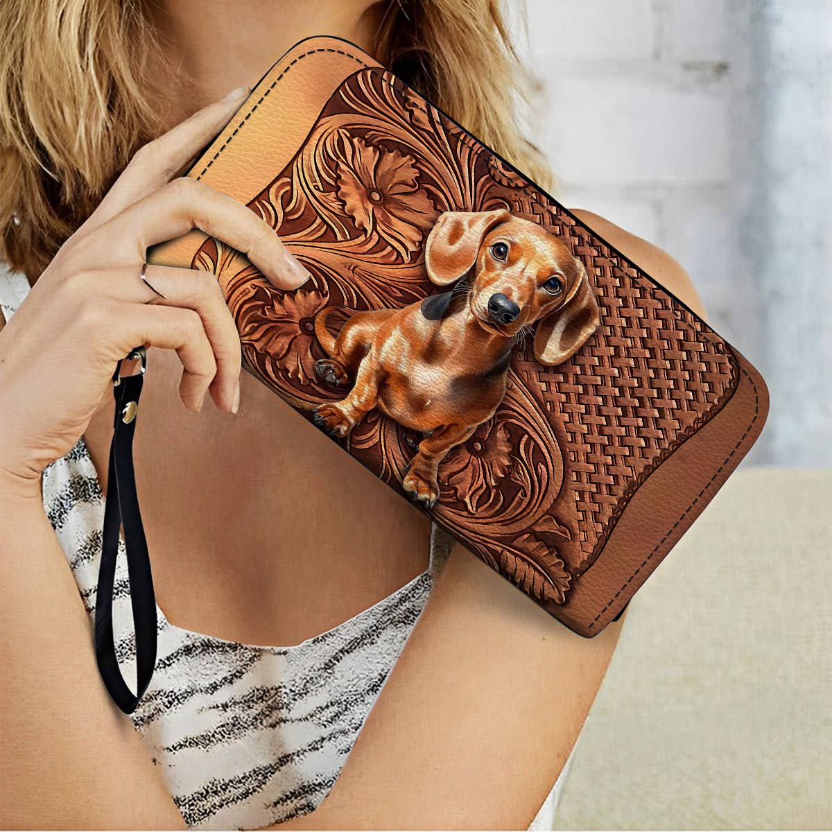 Shineful Leather Clutch Purse With Wristlet Strap Handle Dapper Doxie