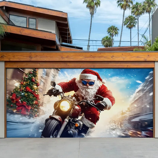 Shineful Garage Door Banner Decoration Holiday Rush Santa Motorcycle