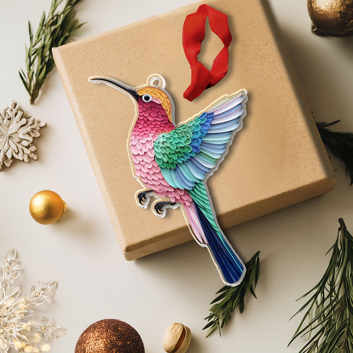 Shineful 2D Acrylic Ornament - Rainbow Feather Hummingbird